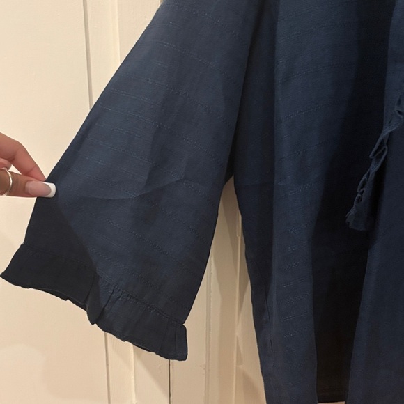 Navy Ruffled Wrap Linen Blouse - Picture 6 of 10